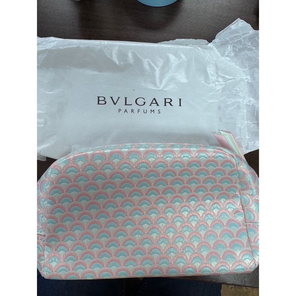 Bvlgari Cosmetic Bag Pink Blue Scallop Embroidered Makeup Pouch NWOT